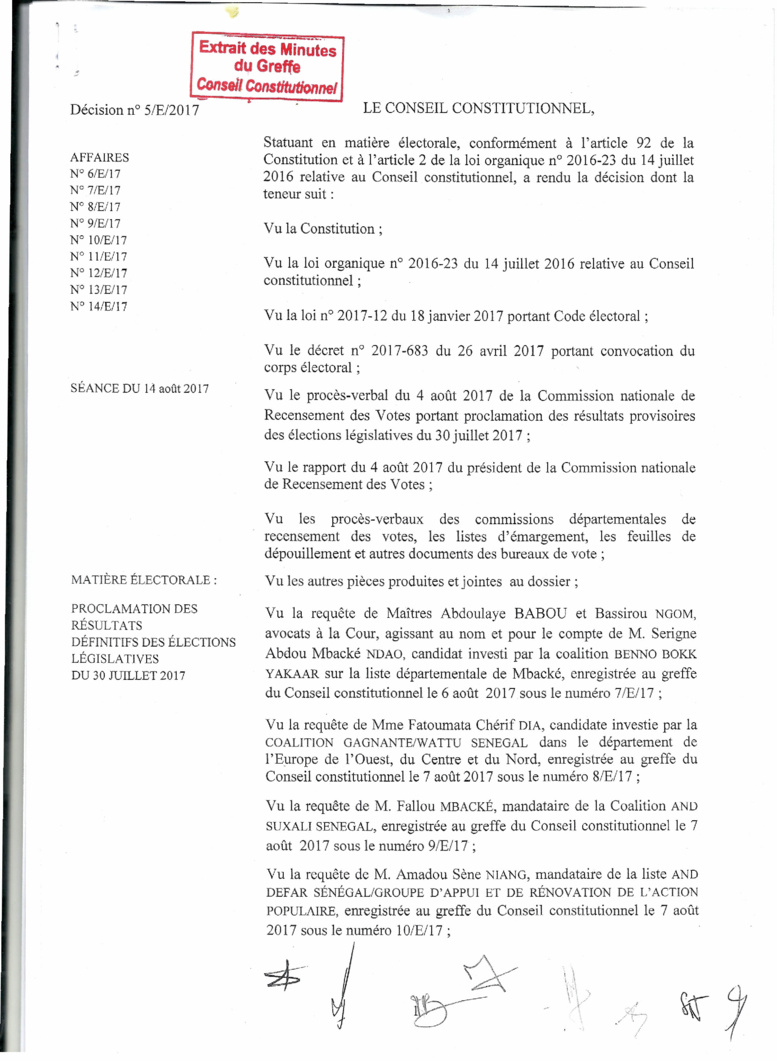 Le Conseil Constitutionnel valide la victoire de BBY et rejette tous les recours: Voici la liste officielles des élus 
