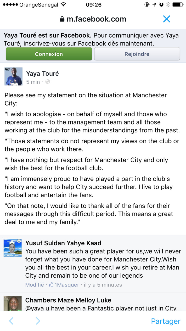 Urgent- Manchester City : Yaya Touré et Guardiola font la paix (Texte d'excuse en attaché) Urgent- Manchester City : Yaya Touré et Guardiola font la paix (Texte d'excuse en attaché)