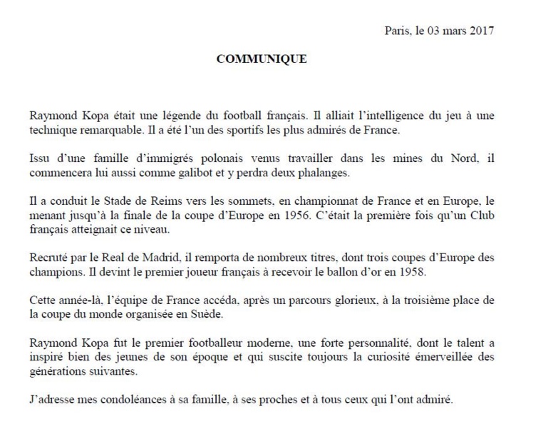 Décès de Raymond Kopa: l'Elysée salue "une légende du football français"