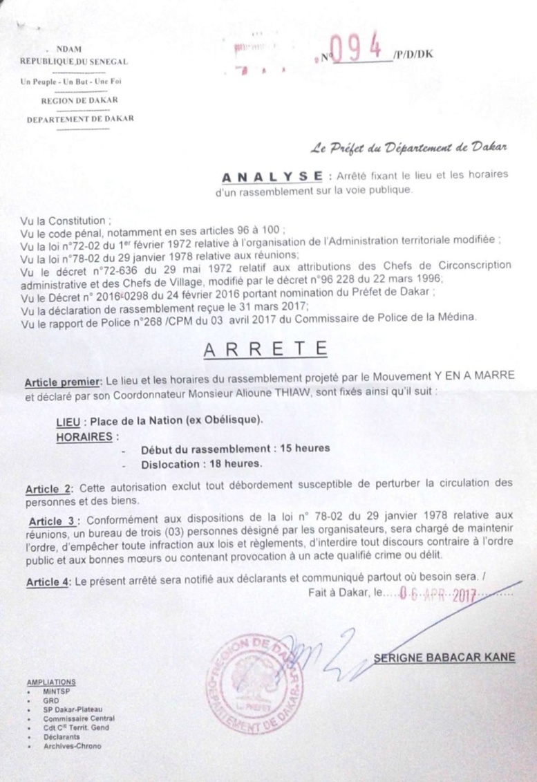 "Y'en a marre": Voici l’arrêté préfectoral autorisant leur rassemblement 