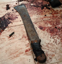 Le sol maculé de sang et les projections qui marquent le sol de la salle à manger témoignent de la violence des assaillants.