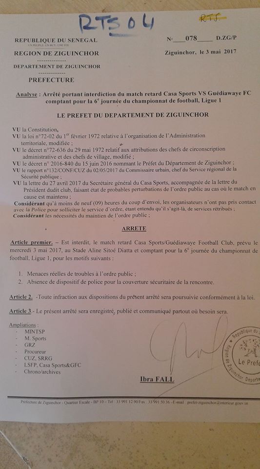 Voici l’arrêté du Préfet de Ziguinchor interdisant le match Casa Sports-Guédiawaye FC