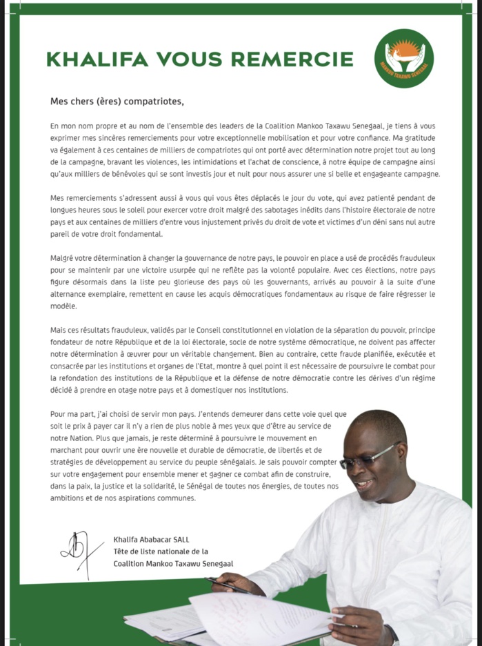 Khalifa Sall remercie les Sénégalais et se rebelle