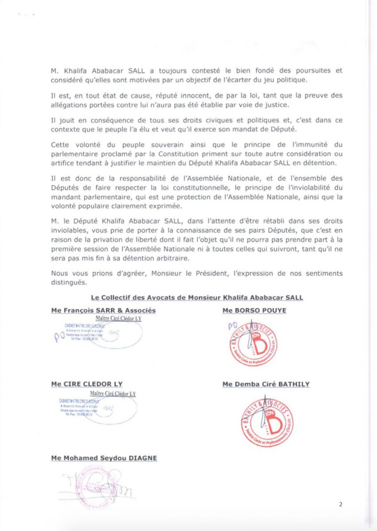 Installation des députés ce jeudi: les avocats de Khalifa Sall saisissent le président de l'Assemblée nationale 
