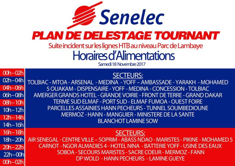 Système de "délestage tournant" de la Senelec de ce samedi : Découvrez quelles zones vont êtres coupées et à quelles heures Système de "délestage tournant" de la Senelec de ce samedi : Découvrez quelles zones vont êtres coupées et à quelles heures