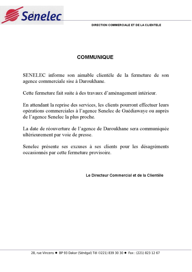 Communiqué de la Senelec Communiqué de la Senelec