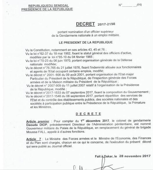 De l'administration pénitentiaire, le Colonel Daouda Diop muté au Palais 