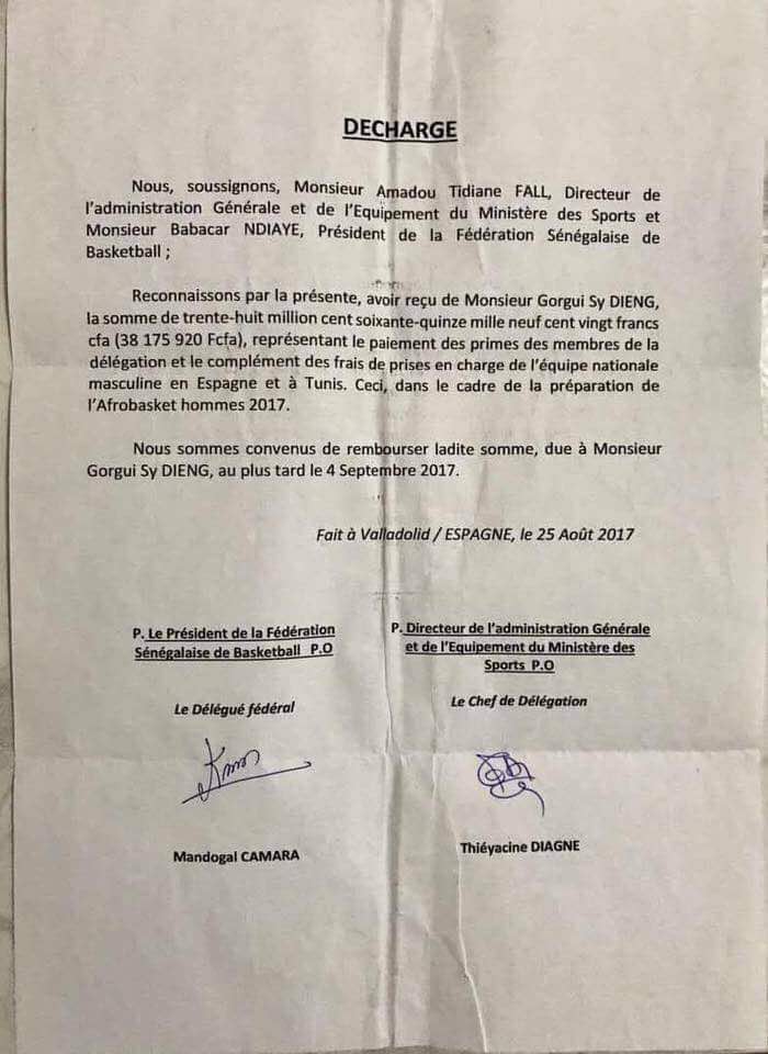 Voici la décharge qui prouve que la Fédération de basket doit 38 millions Fcfa à Gorgui Sy Dieng