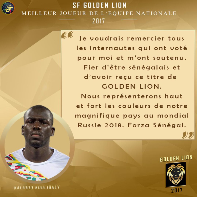 Elu "Golden Lion 2017", Kalidou Koulibaly remercie les internautes sénégalais
