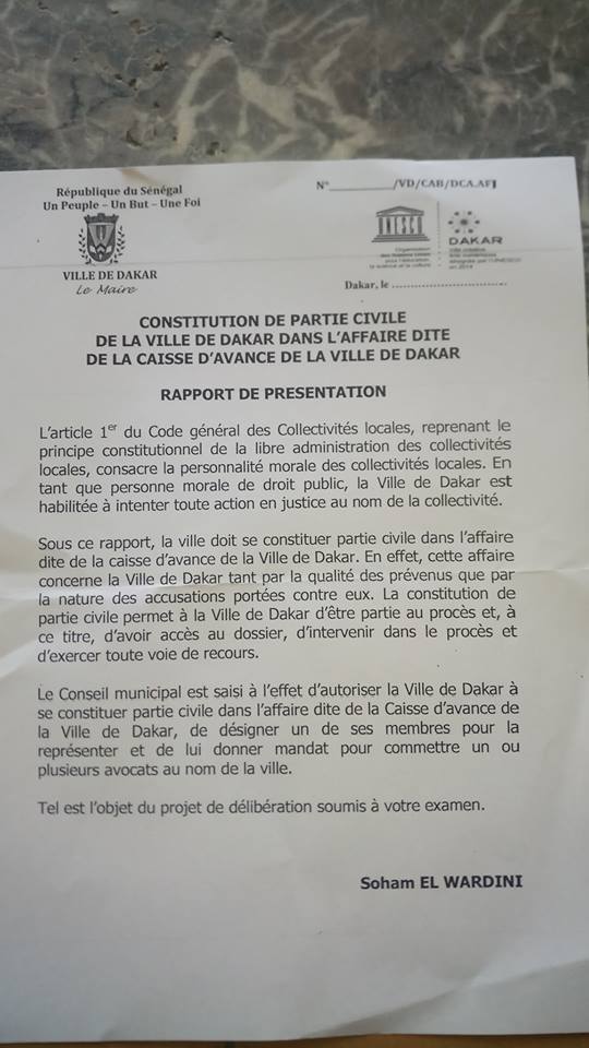 Rapport de présentation de la constitution de partie civile de la ville de Dakar
