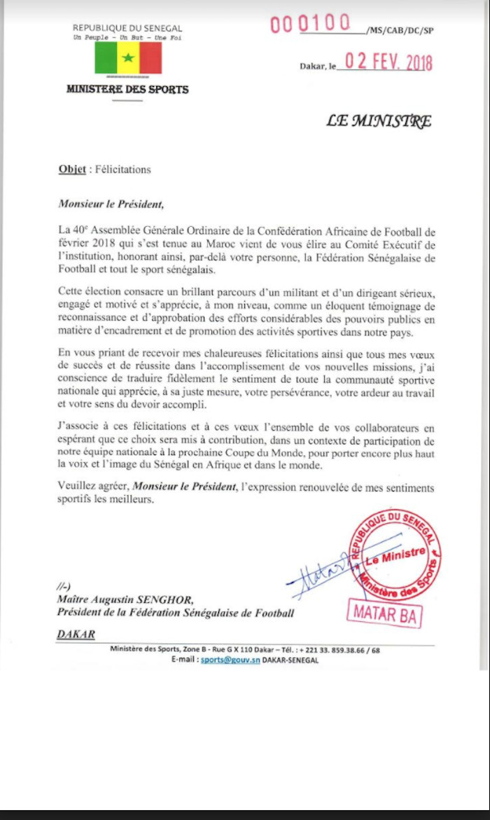 Augustin Senghor  reçoit les félicitations du Ministre sport Matar Ba ( Document)