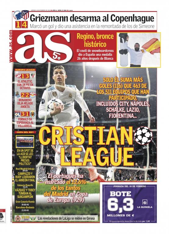 Les Unes des journaux sportifs en Espagne du 16 février 2018