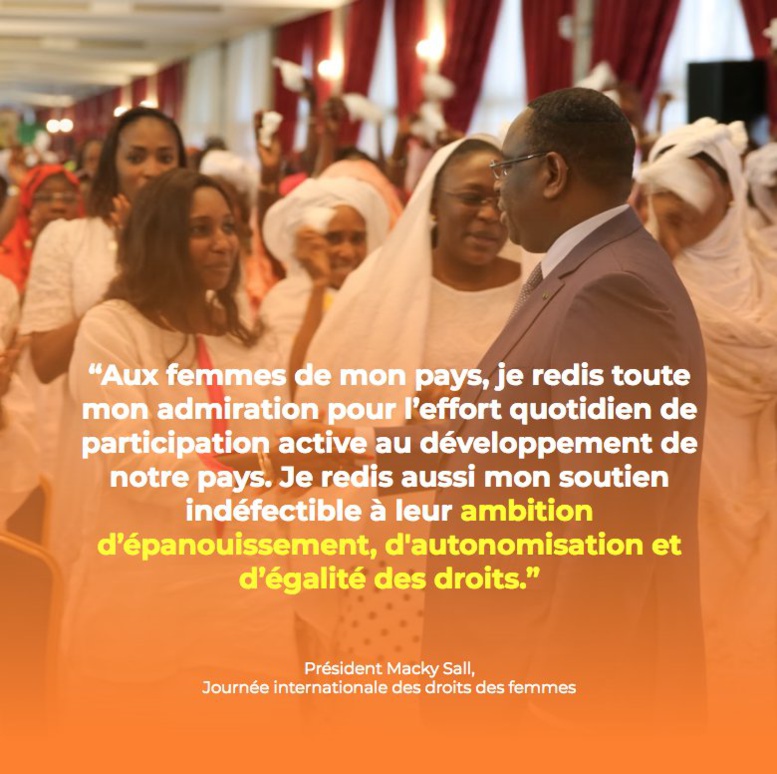 Le message du Président Macky Sall aux femmes : "Je salue leur engagement à briser les chaînes de la pauvreté et..." Le message du Président Macky Sall aux femmes : "Je salue leur engagement à briser les chaînes de la pauvreté et..."