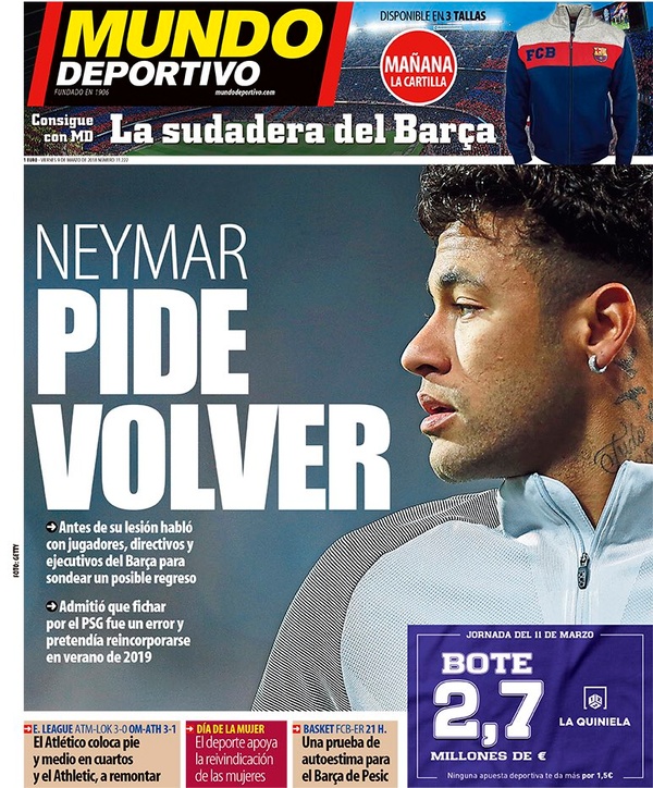 Les Unes des journaux sportifs en Espagne du 9 mars 2018