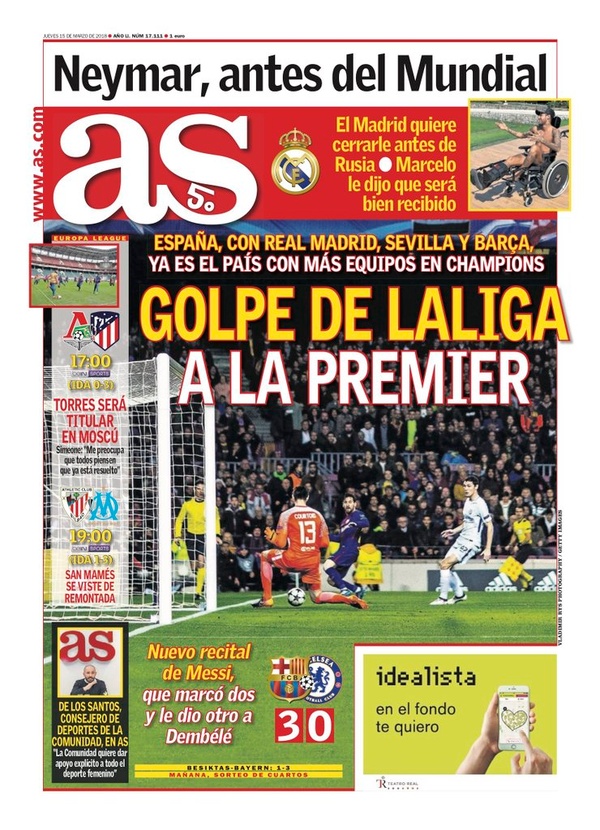 Les Unes des journaux sportifs en Espagne du 15 mars 2018