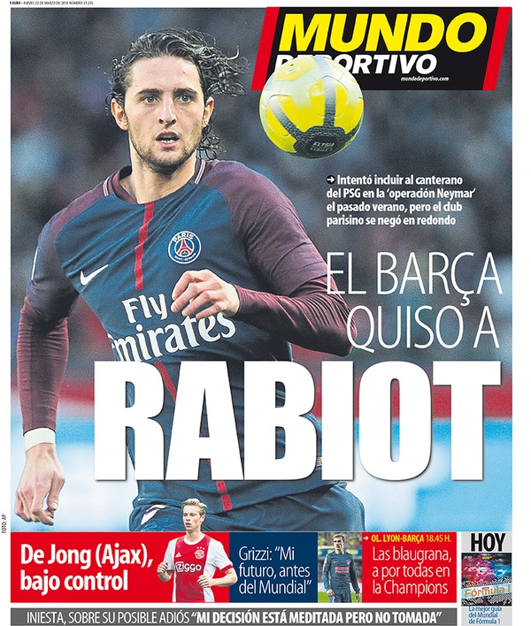 Les Unes des journaux sportifs en Espagne du 22 mars 2018