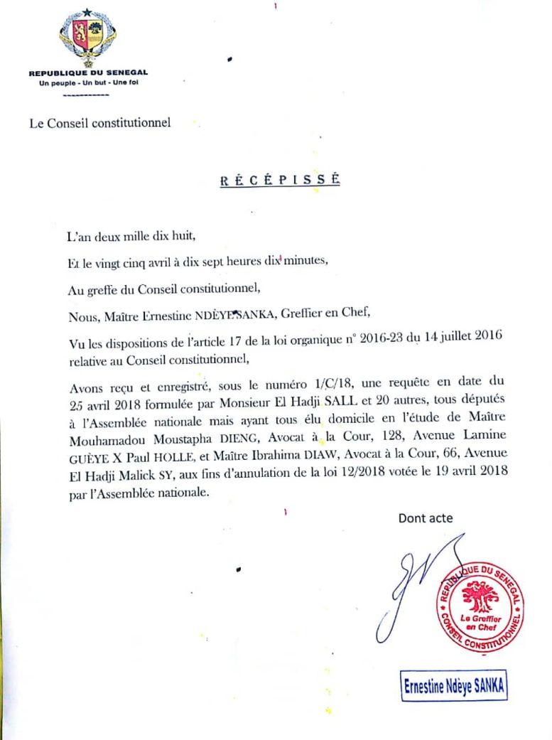 Bataille contre le parrainage : l’opposition pose le premier acte auprès des 7 sages (Document) Bataille contre le parrainage : l’opposition pose le premier acte auprès des 7 sages (Document)