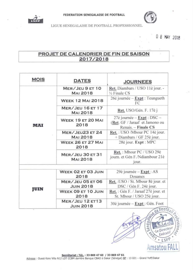 Ligue 1 sénégalaise : les matchs Stade de Mbour et USO prévus au mois de juin à... Ligue 1 sénégalaise : les matchs Stade de Mbour et USO prévus au mois de juin à...