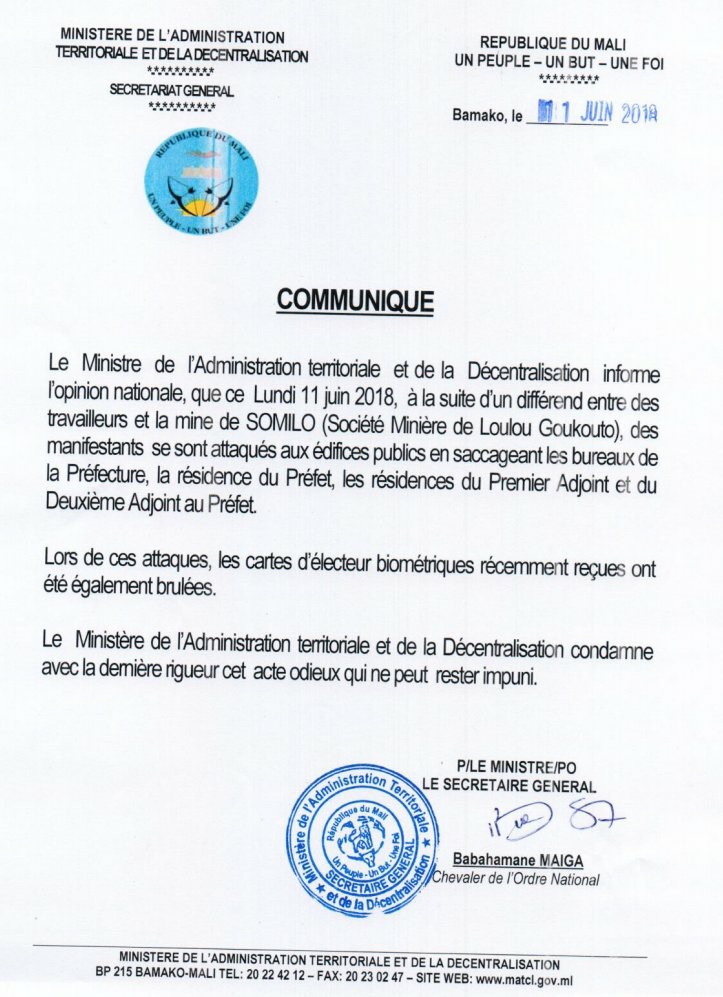 Mali: Les cartes d’électeurs récemment arrivées à Kéniéba brûlées par des manifestants (gouvernement)