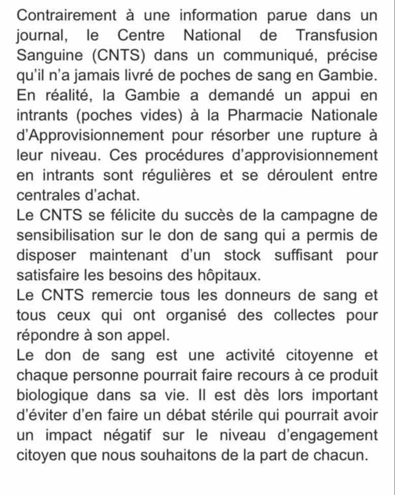 Les précisions du Cnts : "la Gambie a commandé des poches de sang en..." Les précisions du Cnts : "la Gambie a commandé des poches de sang en..."