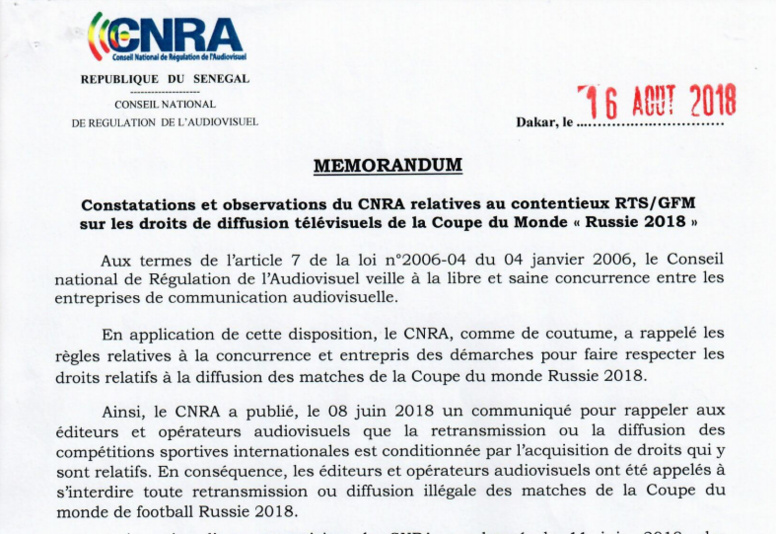 Différend sur les droits de diffusion : la Rts triomphe sur "tapis vert" devant le Cnra Différend sur les droits de diffusion : la Rts triomphe sur "tapis vert" devant le Cnra
