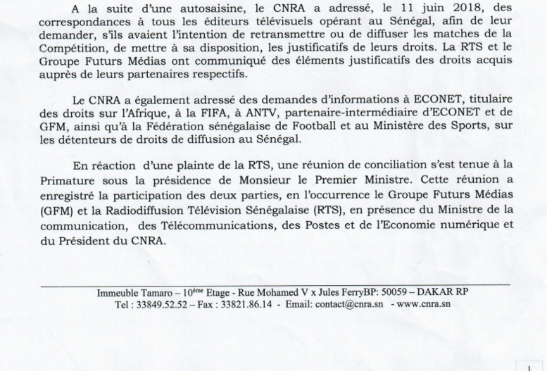 Différend sur les droits de diffusion : la Rts triomphe sur "tapis vert" devant le Cnra Différend sur les droits de diffusion : la Rts triomphe sur "tapis vert" devant le Cnra