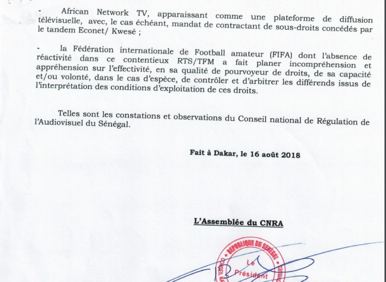 Différend sur les droits de diffusion : la Rts triomphe sur "tapis vert" devant le Cnra Différend sur les droits de diffusion : la Rts triomphe sur "tapis vert" devant le Cnra