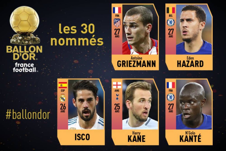 Griezmann, Hazard, Isco, Kane, Kanté : Focus sur les cinq nouveaux nommés pour le Ballon d'Or France Football 2018 Griezmann, Hazard, Isco, Kane, Kanté : Focus sur les cinq nouveaux nommés pour le Ballon d'Or France Football 2018