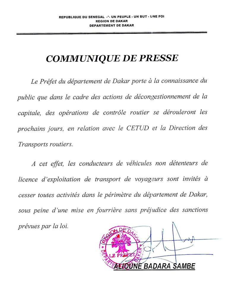 Le PrÃ©fet de Dakar va envoyer en fourriÃ¨re les taxis clandos, "cars rapides" et "Ndiaga Ndiaye" sans licence