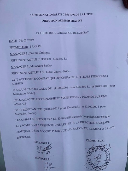 Le Document qui prouve la régularisation du combat par le Cng