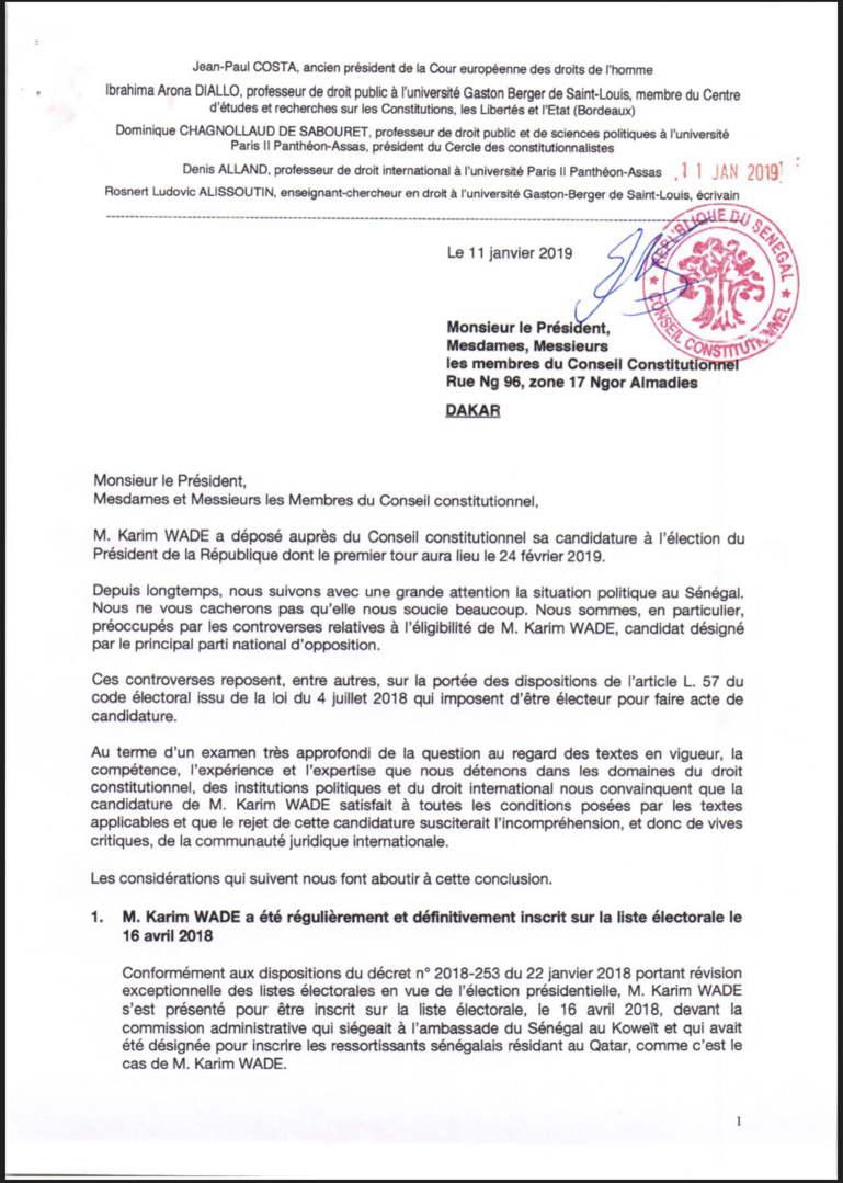 Candidature de Karim Wade: D’éminents juristes nationaux et internationaux écrivent au Conseil constitutionnel (Document) Candidature de Karim Wade: D’éminents juristes nationaux et internationaux écrivent au Conseil constitutionnel (Document)