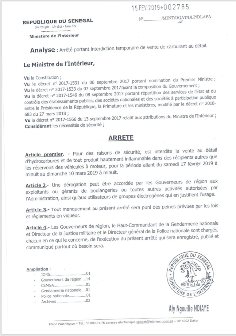 Penchant pyromane de Wade: Aly Ngouille Ndiaye sort enfin l’arrêté pour interdire la vente de carburant en détails (Document)