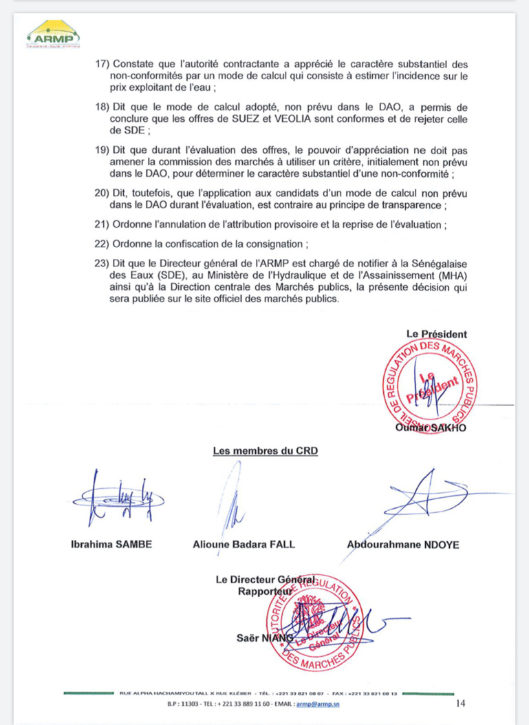 L’Armp annule l’attribution provisoire du contrat d’affermage à SUEZ et relance la SDE L’Armp annule l’attribution provisoire du contrat d’affermage à SUEZ et relance la SDE