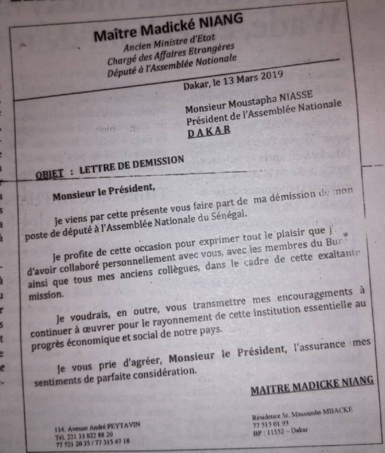 Me Madické Niang écrit une lettre à Niasse et quitte l'Assemblée nationale