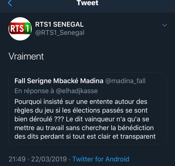 Appel au dialogue de Macky Sall: quand la RTS affiche son désaccord sur Twitter Appel au dialogue de Macky Sall: quand la RTS affiche son désaccord sur Twitter