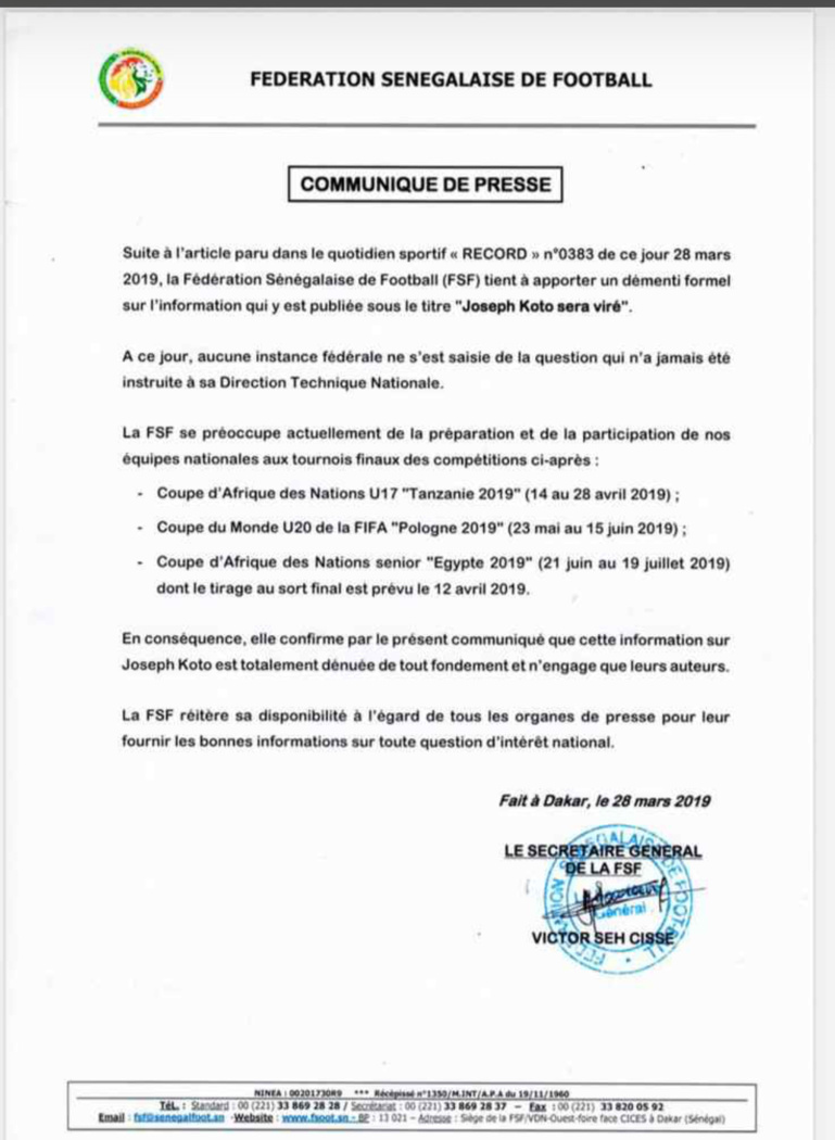 Limogeage de Joseph Koto: Fédération sénégalaise de football dément le journal Record Limogeage de Joseph Koto: Fédération sénégalaise de football dément le journal Record