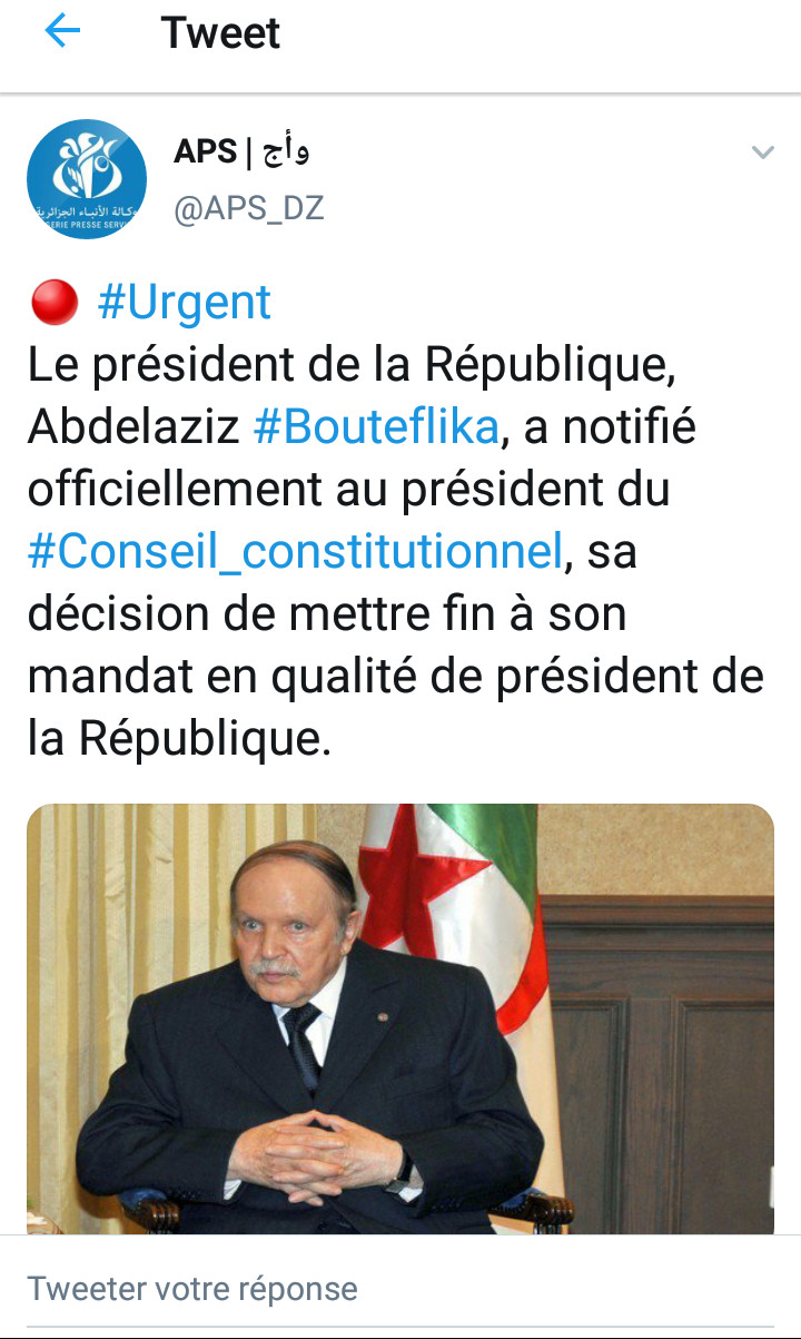 Urgent -  le président Abdelaziz Bouteflika a remis sa démission au Conseil constitutionnel (agence officielle)