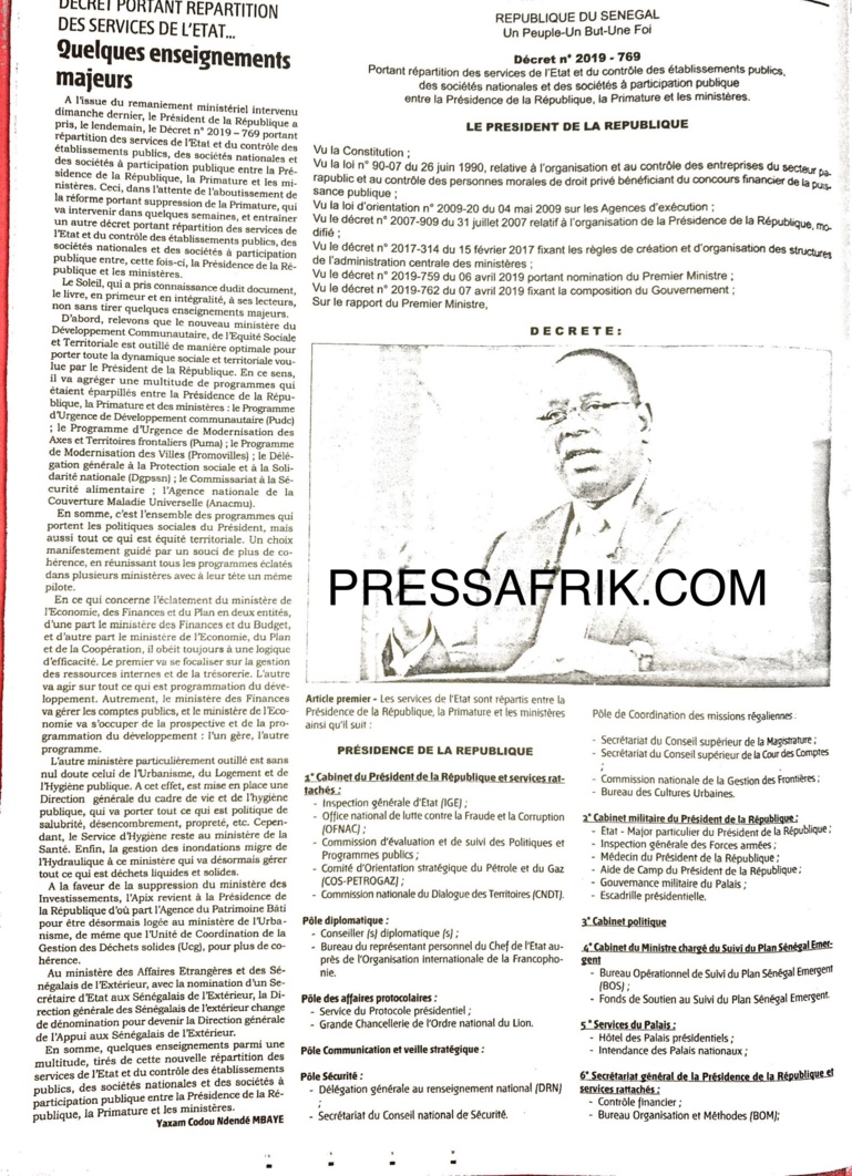 Décret de répartition des services de l’Etat: Découvrez les ministères les mieux servis et ceux qui sont mal lotis (Document) Décret de répartition des services de l’Etat: Découvrez les ministères les mieux servis et ceux qui sont mal lotis (Document)