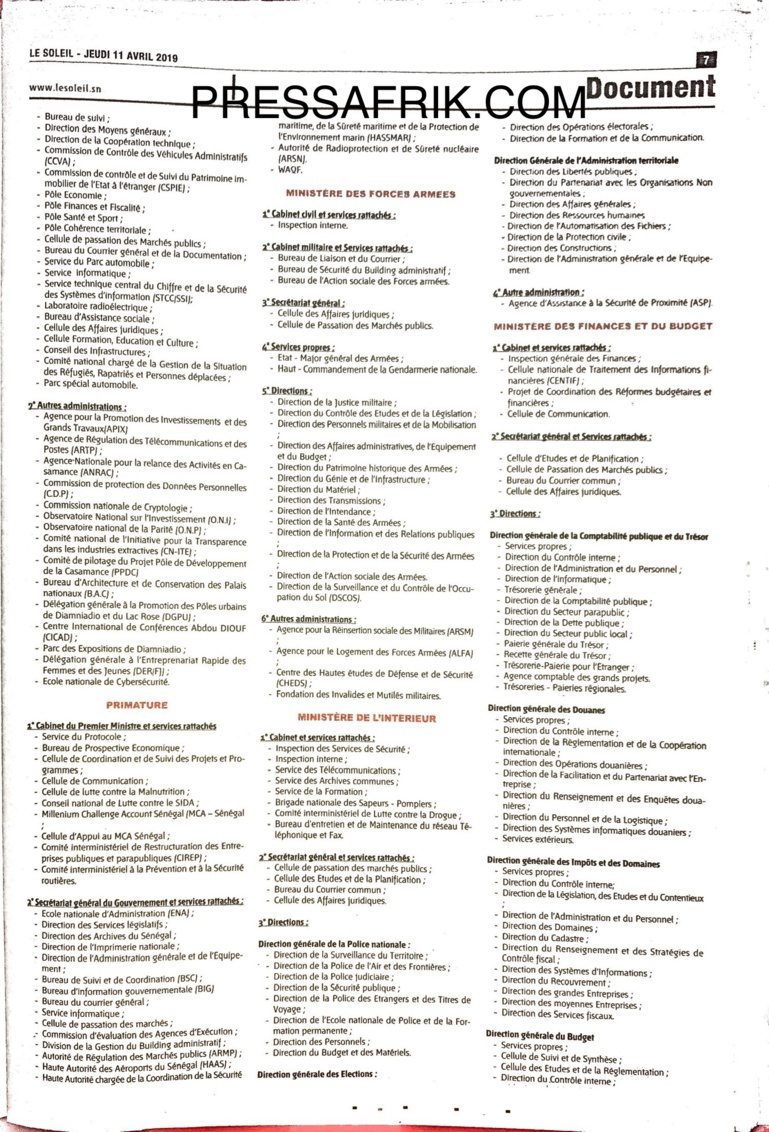 Décret de répartition des services de l’Etat: Découvrez les ministères les mieux servis et ceux qui sont mal lotis (Document) Décret de répartition des services de l’Etat: Découvrez les ministères les mieux servis et ceux qui sont mal lotis (Document)