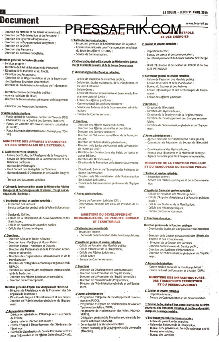 Décret de répartition des services de l’Etat: Découvrez les ministères les mieux servis et ceux qui sont mal lotis (Document) Décret de répartition des services de l’Etat: Découvrez les ministères les mieux servis et ceux qui sont mal lotis (Document)