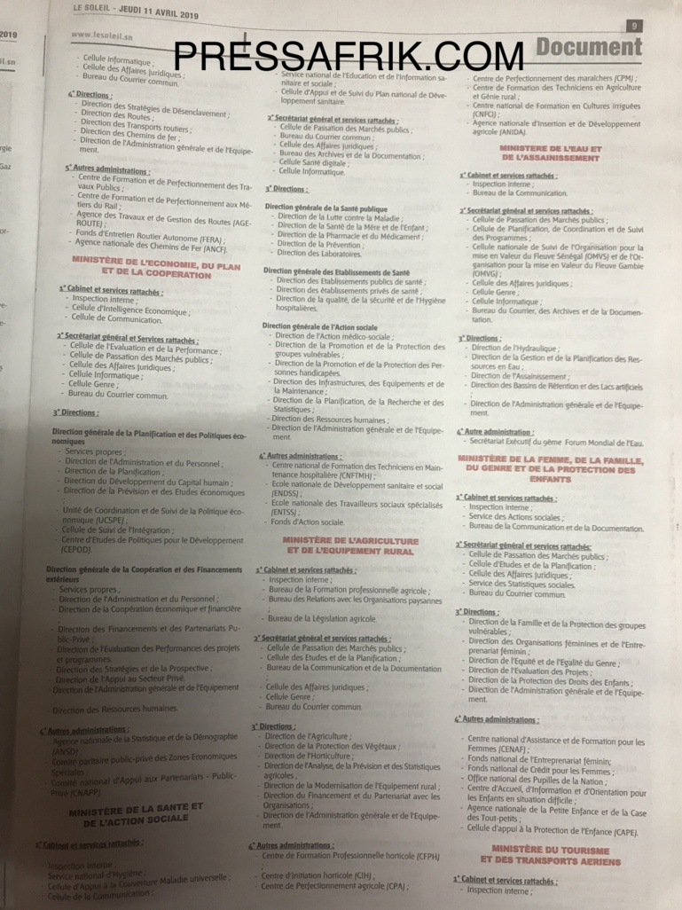 Décret de répartition des services de l’Etat: Découvrez les ministères les mieux servis et ceux qui sont mal lotis (Document) Décret de répartition des services de l’Etat: Découvrez les ministères les mieux servis et ceux qui sont mal lotis (Document)