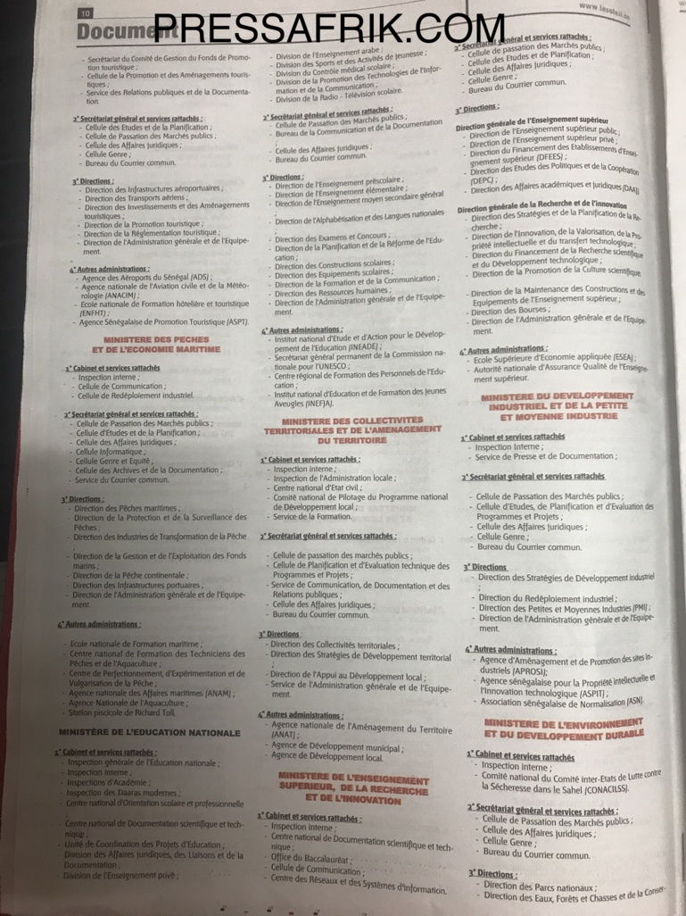 Décret de répartition des services de l’Etat: Découvrez les ministères les mieux servis et ceux qui sont mal lotis (Document) Décret de répartition des services de l’Etat: Découvrez les ministères les mieux servis et ceux qui sont mal lotis (Document)