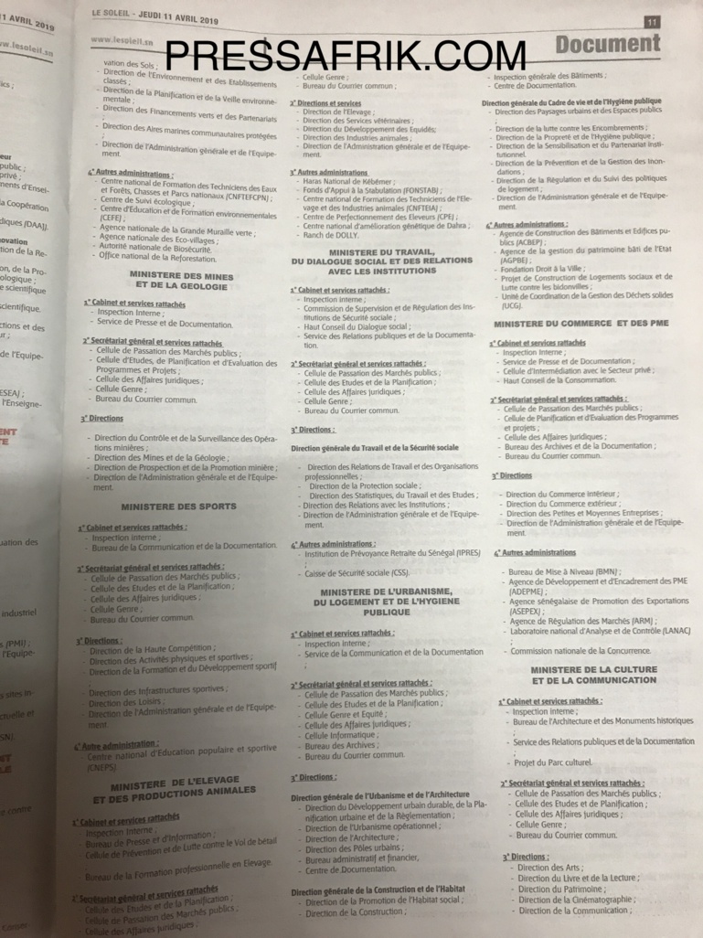 Décret de répartition des services de l’Etat: Découvrez les ministères les mieux servis et ceux qui sont mal lotis (Document) Décret de répartition des services de l’Etat: Découvrez les ministères les mieux servis et ceux qui sont mal lotis (Document)