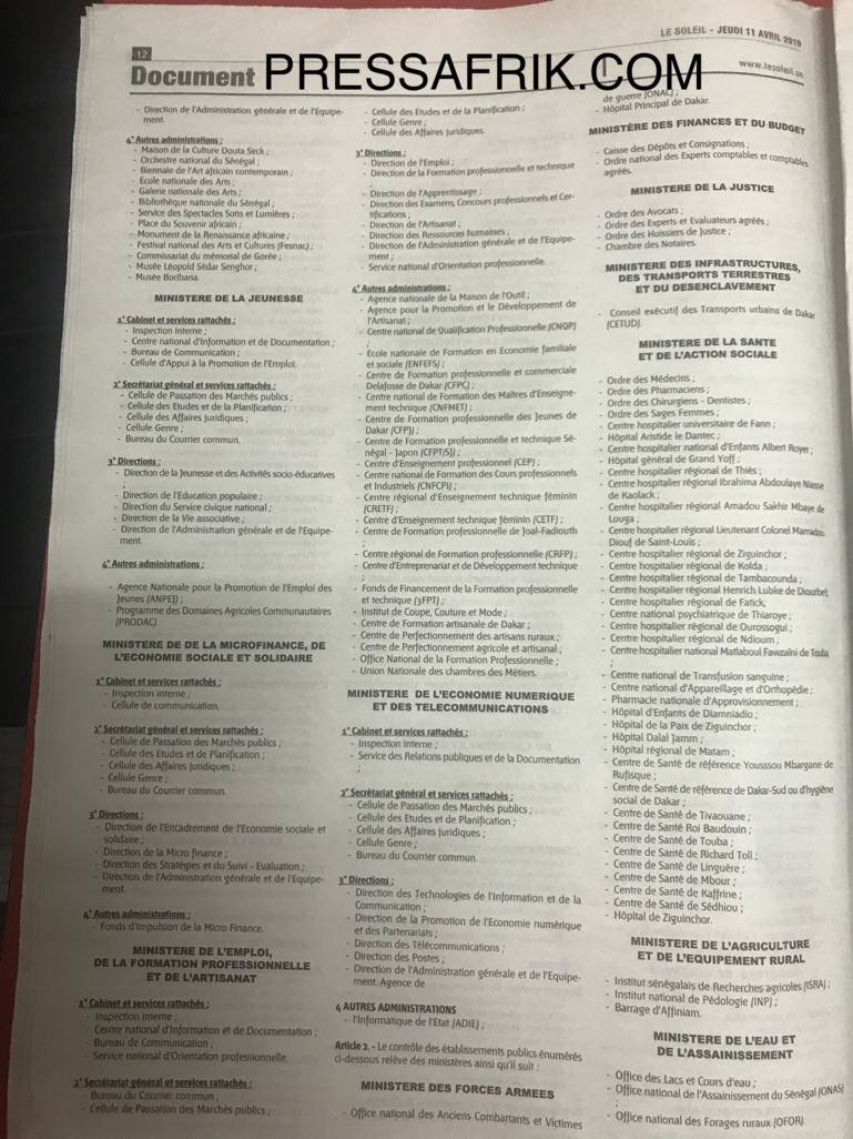 Décret de répartition des services de l’Etat: Découvrez les ministères les mieux servis et ceux qui sont mal lotis (Document) Décret de répartition des services de l’Etat: Découvrez les ministères les mieux servis et ceux qui sont mal lotis (Document)