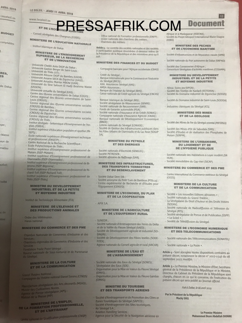 Décret de répartition des services de l’Etat: Découvrez les ministères les mieux servis et ceux qui sont mal lotis (Document) Décret de répartition des services de l’Etat: Découvrez les ministères les mieux servis et ceux qui sont mal lotis (Document)