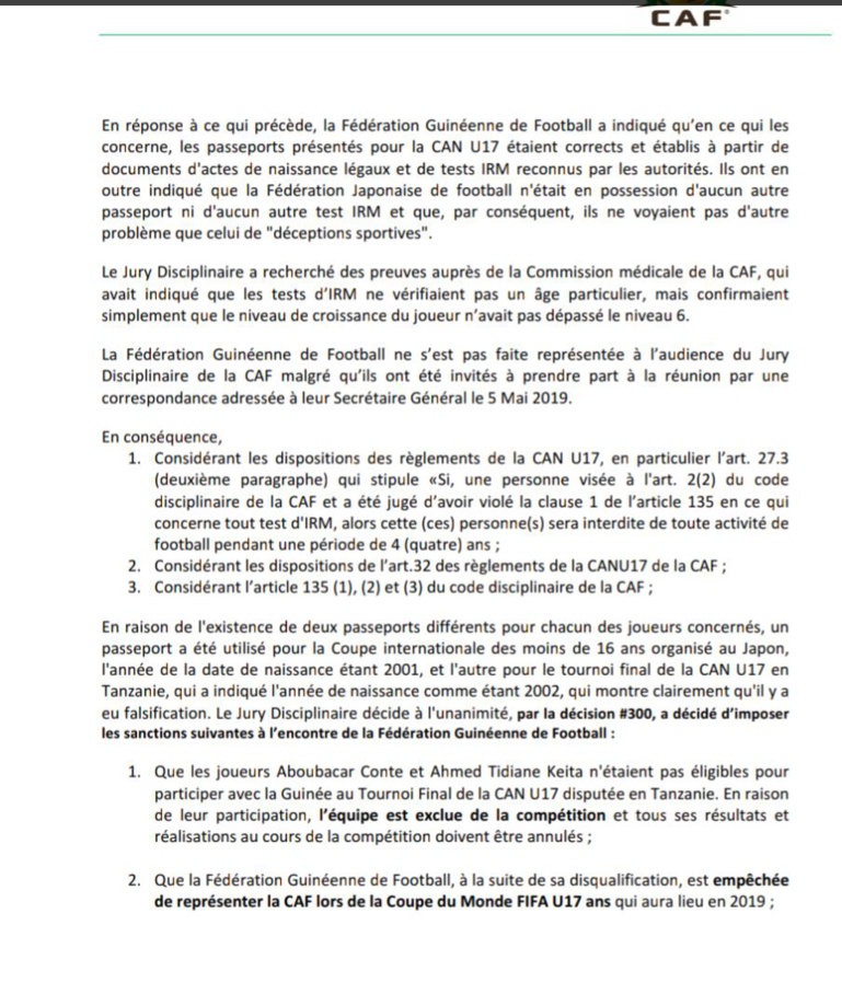 Mondial U17: la Guinée disqualifiée, la Caf rend le ticket au Sénégal Mondial U17: la Guinée disqualifiée, la Caf rend le ticket au Sénégal