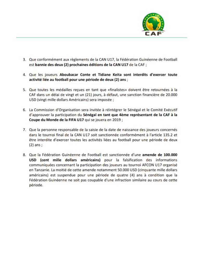Mondial U17: la Guinée disqualifiée, la Caf rend le ticket au Sénégal Mondial U17: la Guinée disqualifiée, la Caf rend le ticket au Sénégal