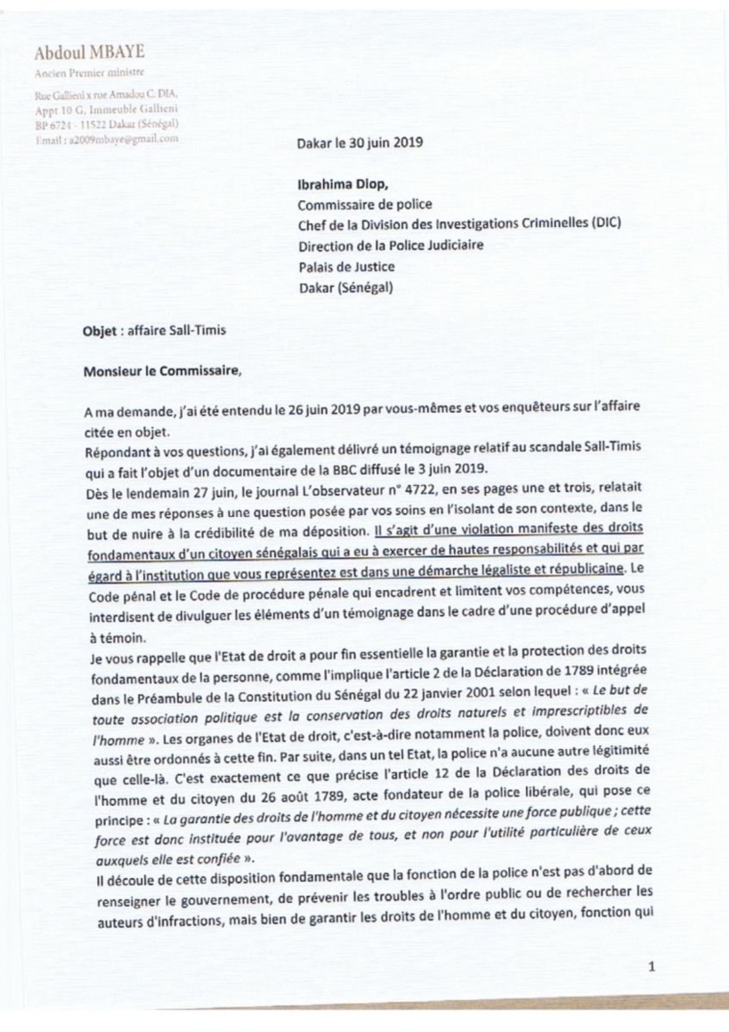 Affaire Sall - Timis : Abdoul Mbaye écrit une lettre corsée au chef de la DIC Affaire Sall - Timis : Abdoul Mbaye écrit une lettre corsée au chef de la DIC