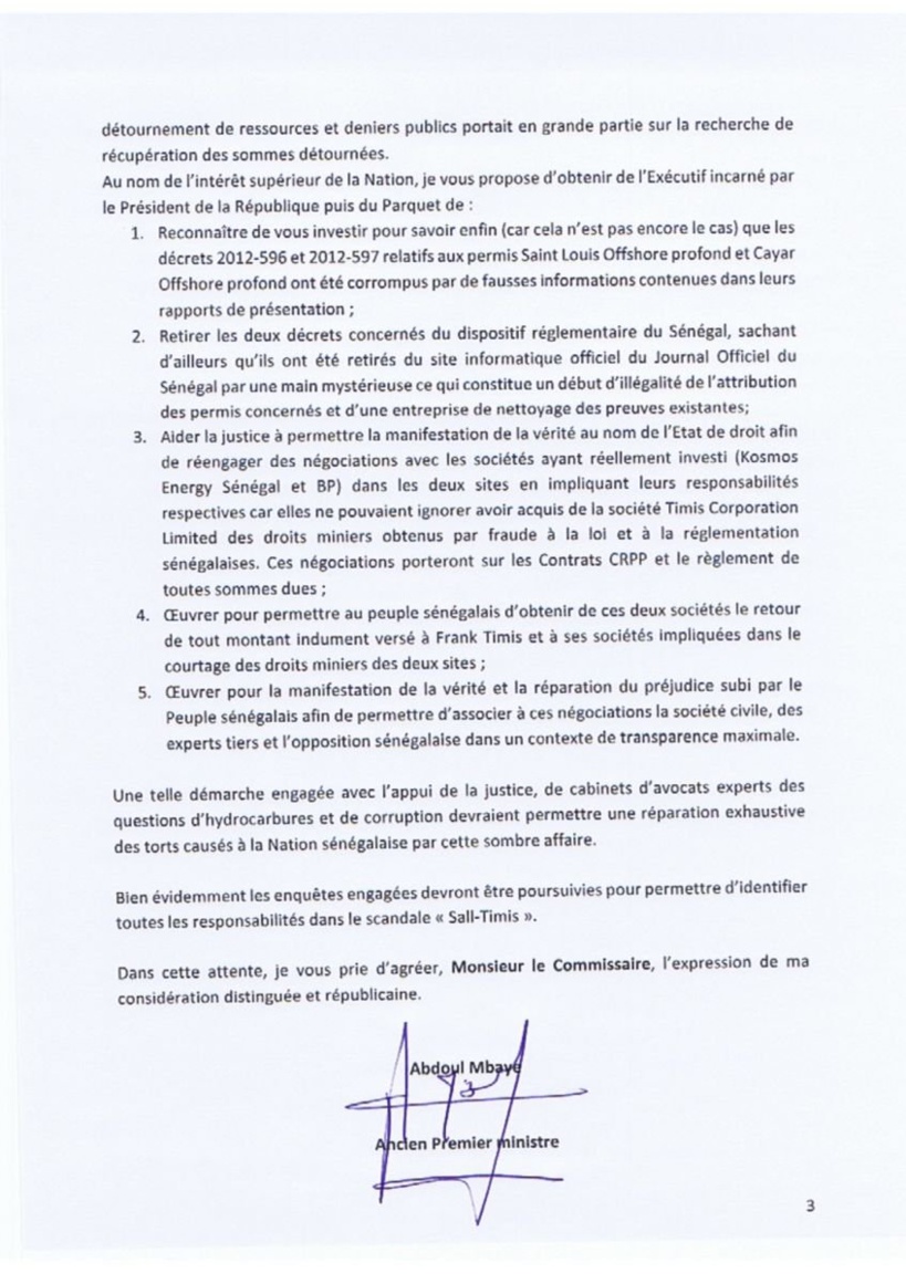 Affaire Sall - Timis : Abdoul Mbaye écrit une lettre corsée au chef de la DIC Affaire Sall - Timis : Abdoul Mbaye écrit une lettre corsée au chef de la DIC