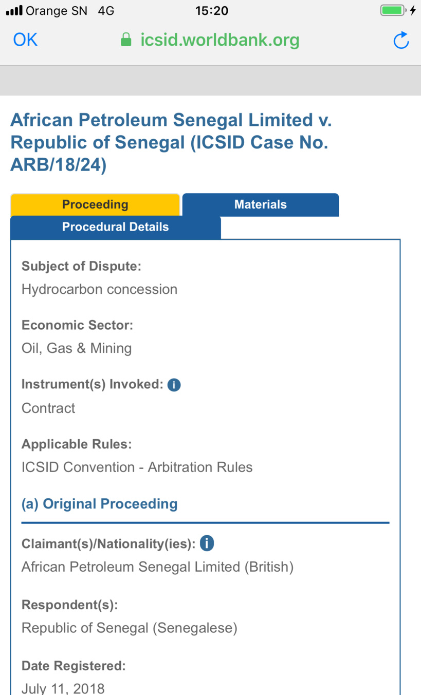 Octroi de licence à Total: l’Etat du Sénégal attaqué au CIRDI par African Petroleum et la famille Al-Nahyan Octroi de licence à Total: l’Etat du Sénégal attaqué au CIRDI par African Petroleum et la famille Al-Nahyan